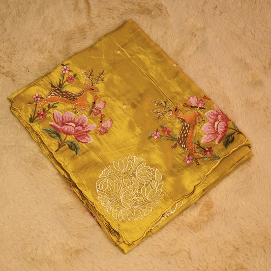 Mustured yellow dol silk cutwork embroidery saree