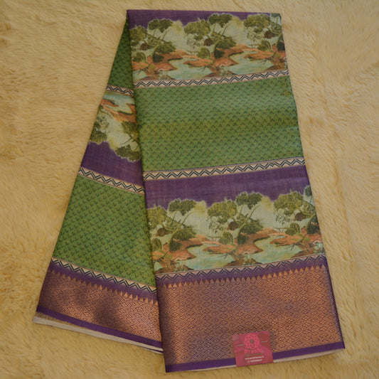 Green cotton blend kalamkari border saree