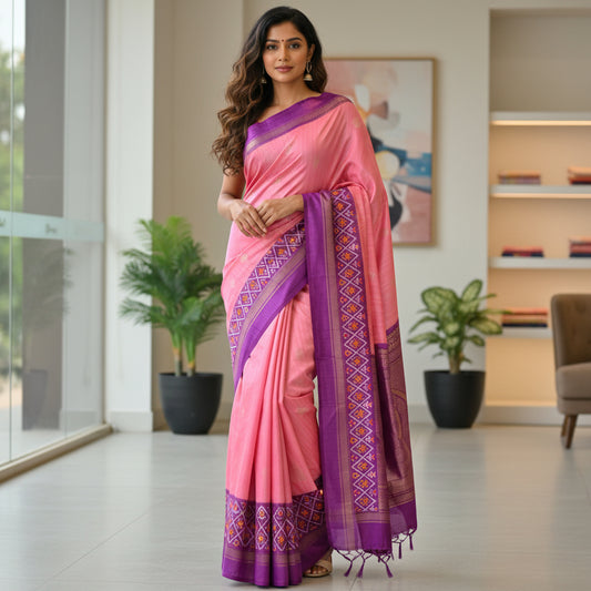 Pink with purple ikkat semi dola saree