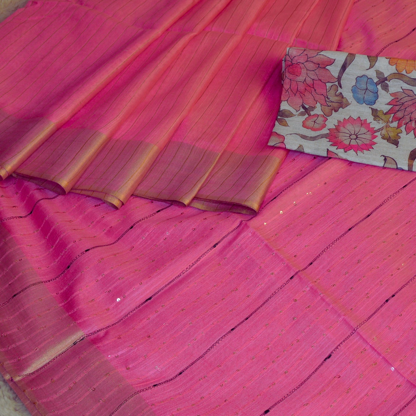 Peach pink mooga tissue saree with 2 blouses