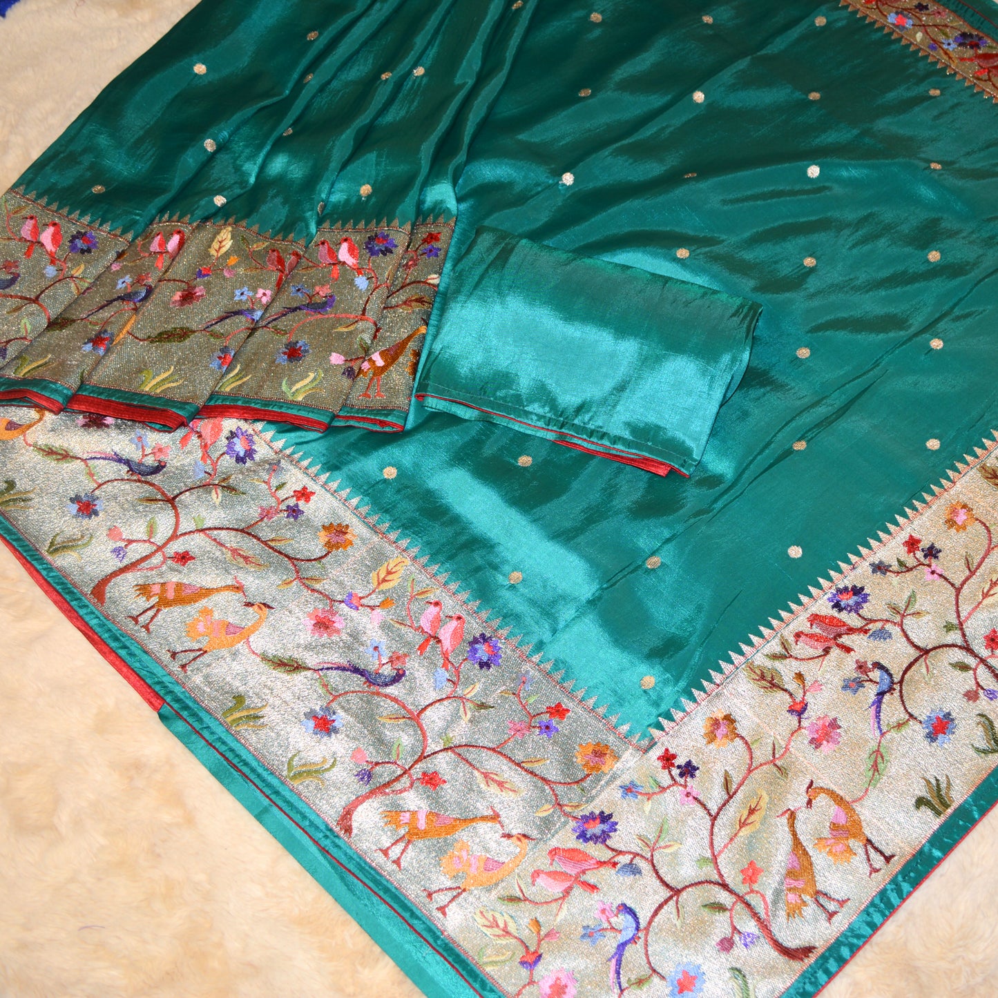 Sea green dola silk german silver work saree