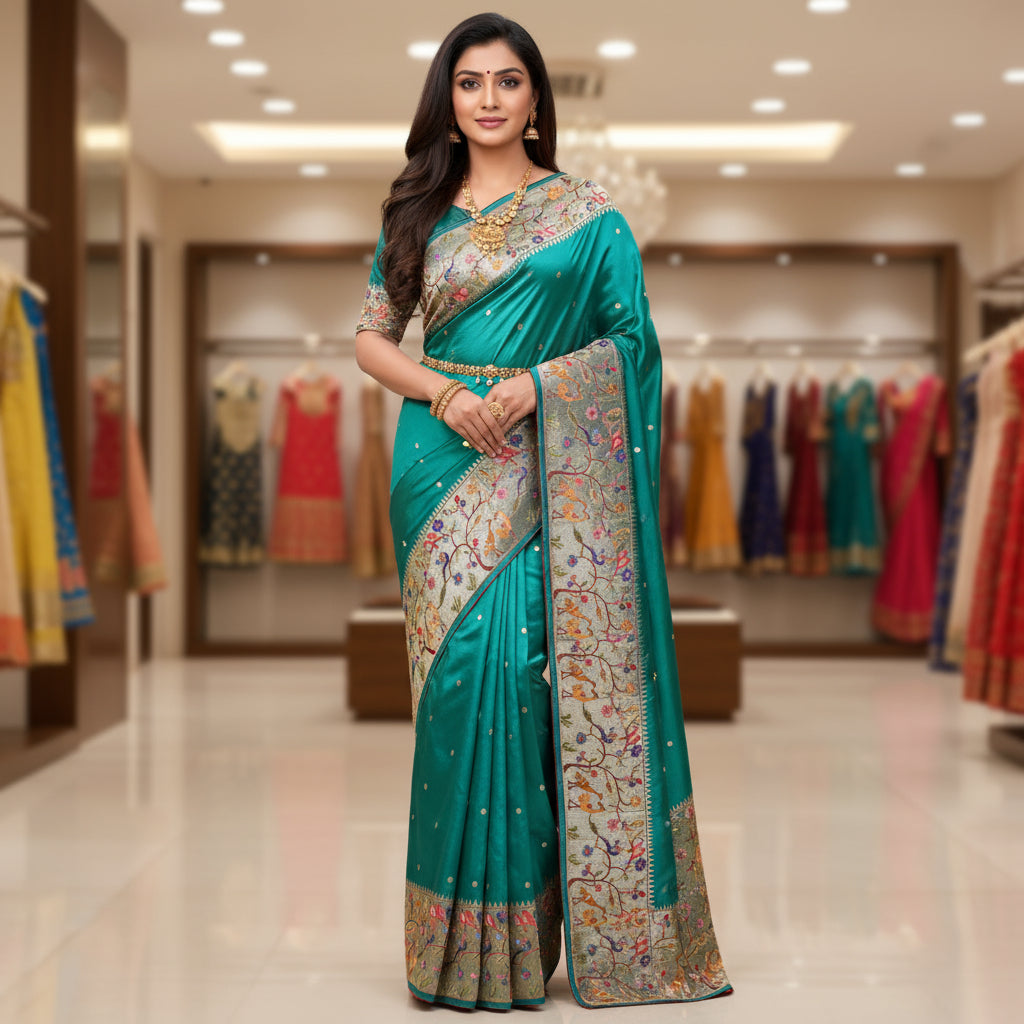 Sea green dola silk german silver work saree