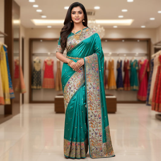 Sea green dola silk german silver work saree