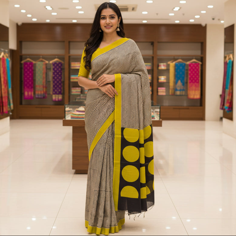 Black checks handblock printed pure modal silk saree