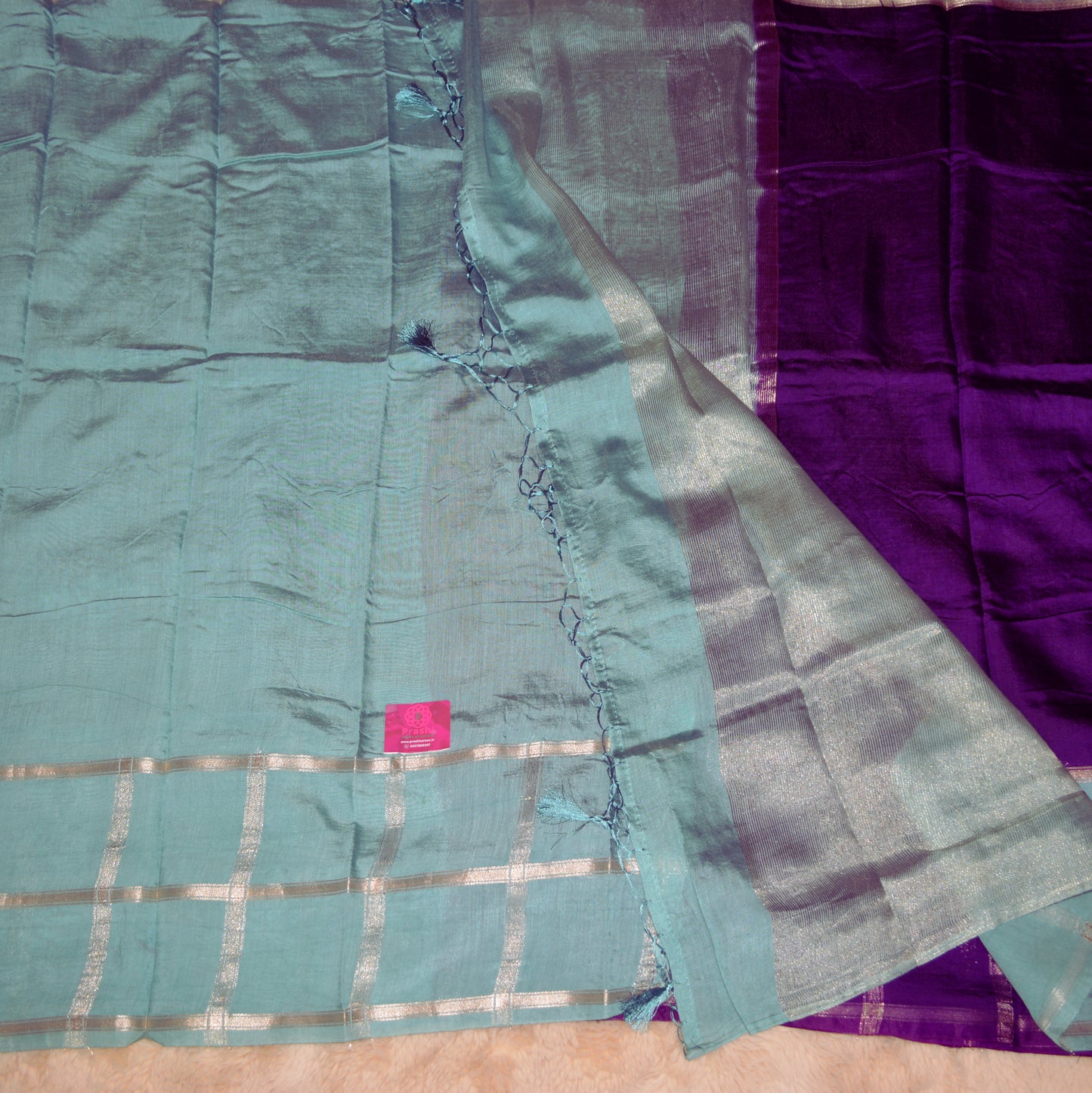 Purple Muslin cotton saree with pastel green contrast border