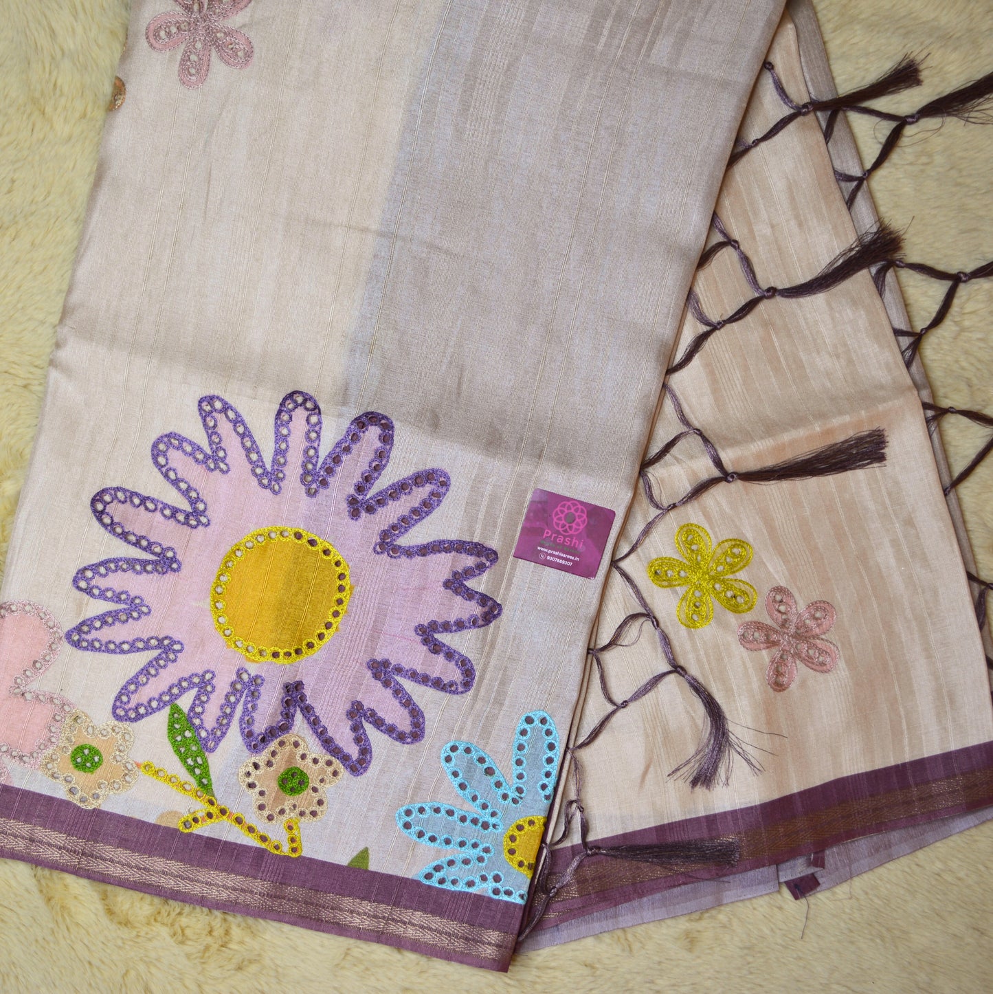 Brown contrast tussar cutwork saree