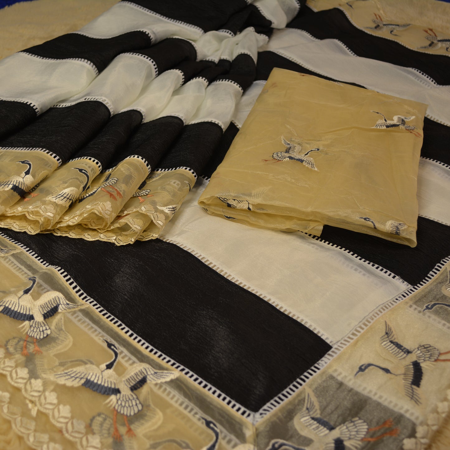 Crush tissue white and black embroidery saree
