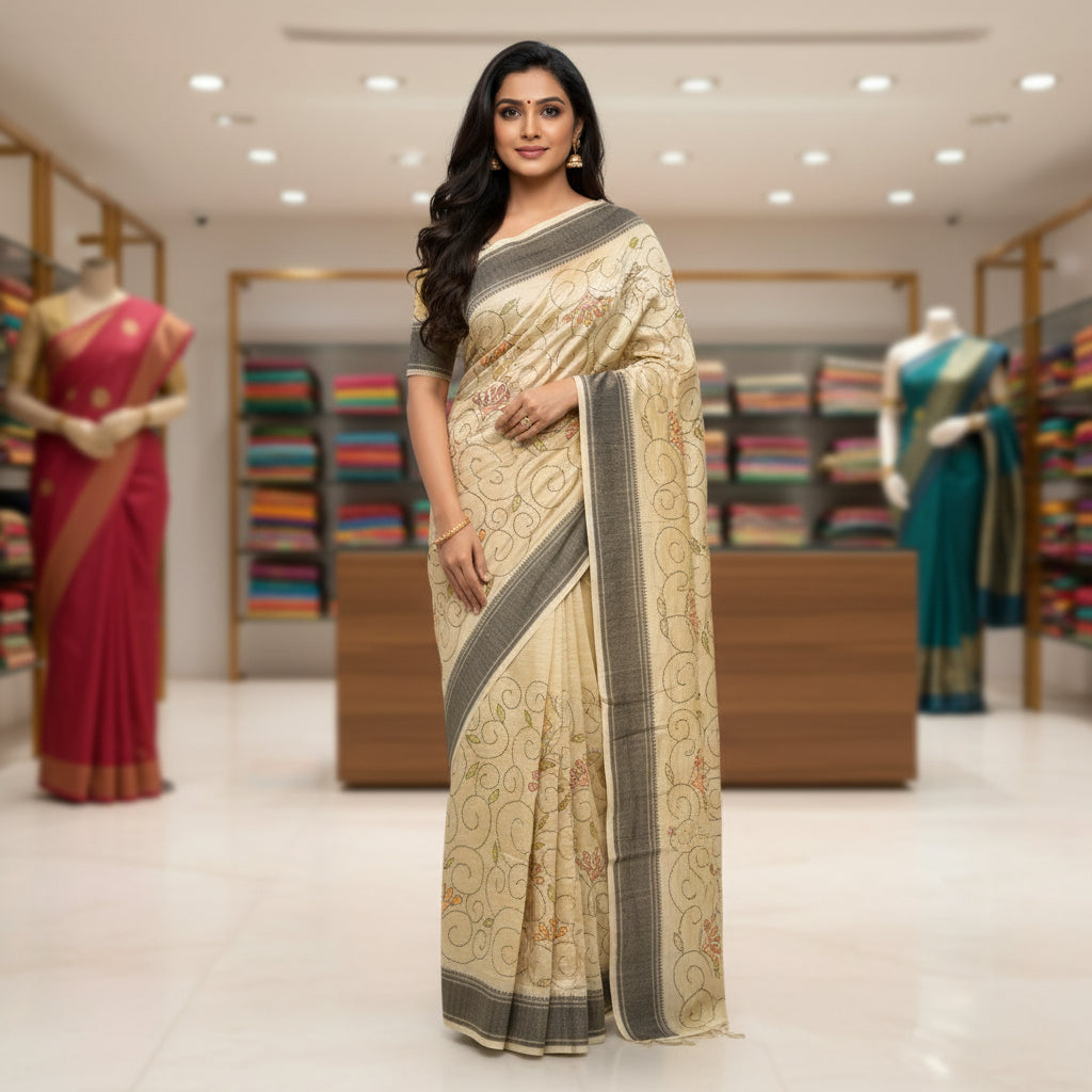 Half-white tussar saree with kanths embroidery
