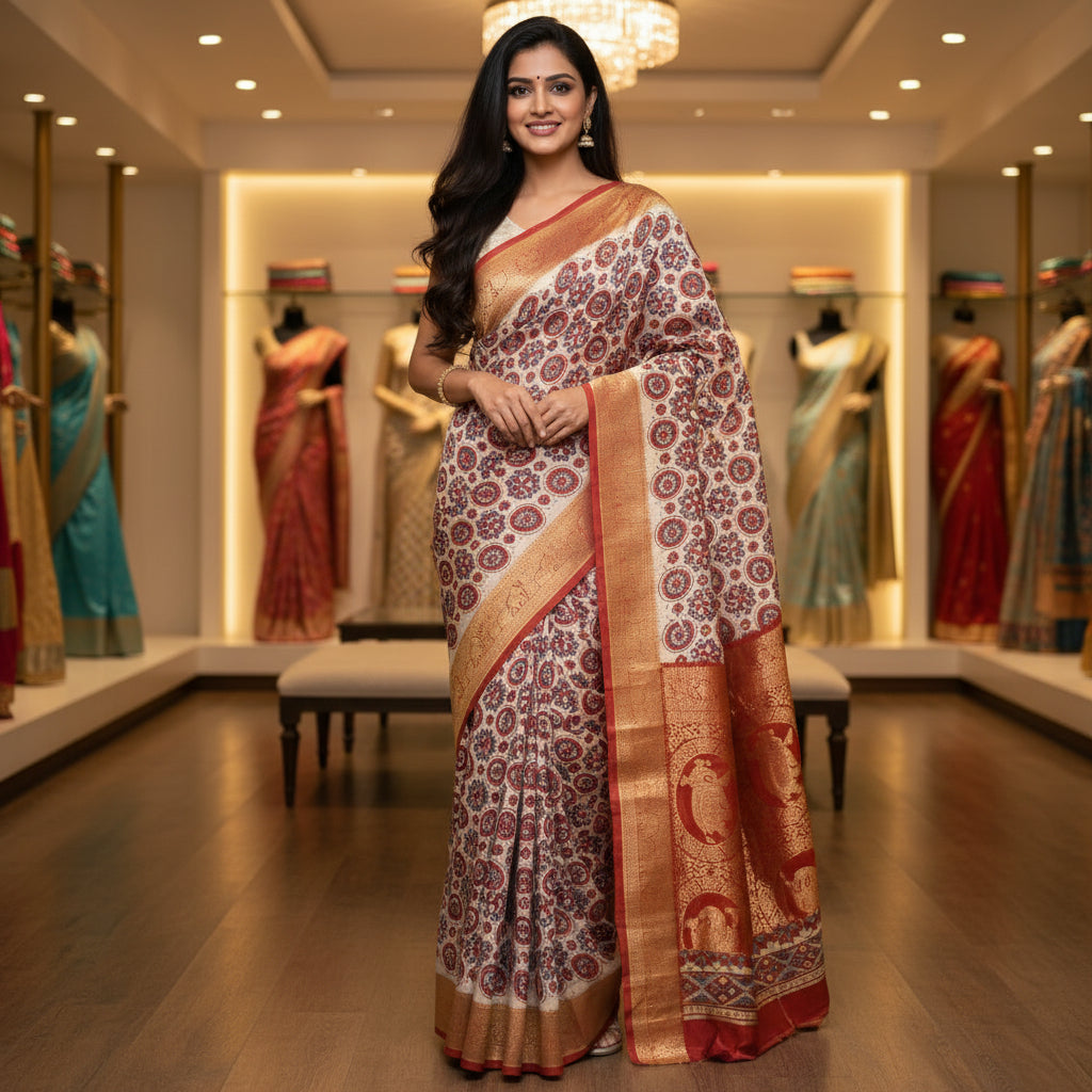 Half-white dola silk ajrakh handblock printed saree
